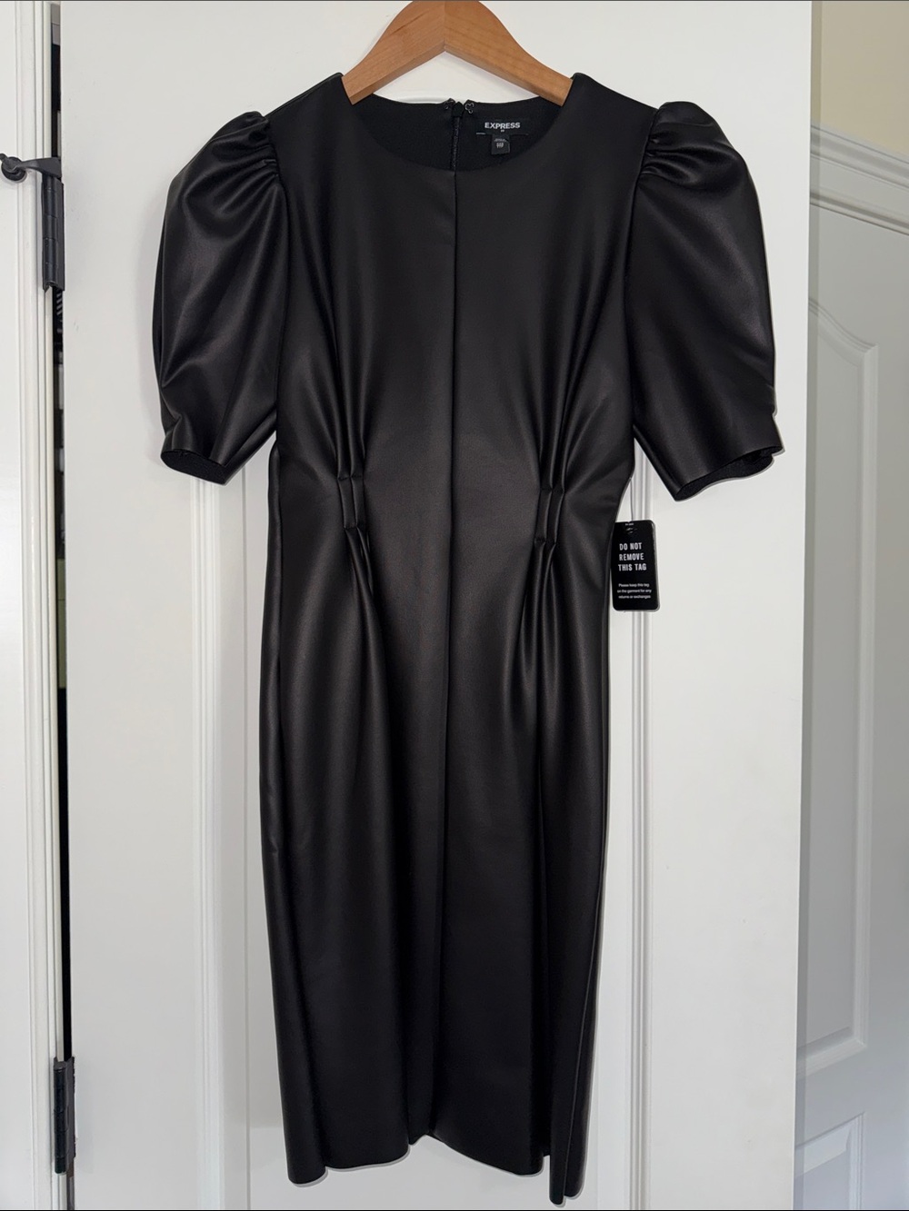 Express Black Faux Leather Midi Dress with Puff Sleeves